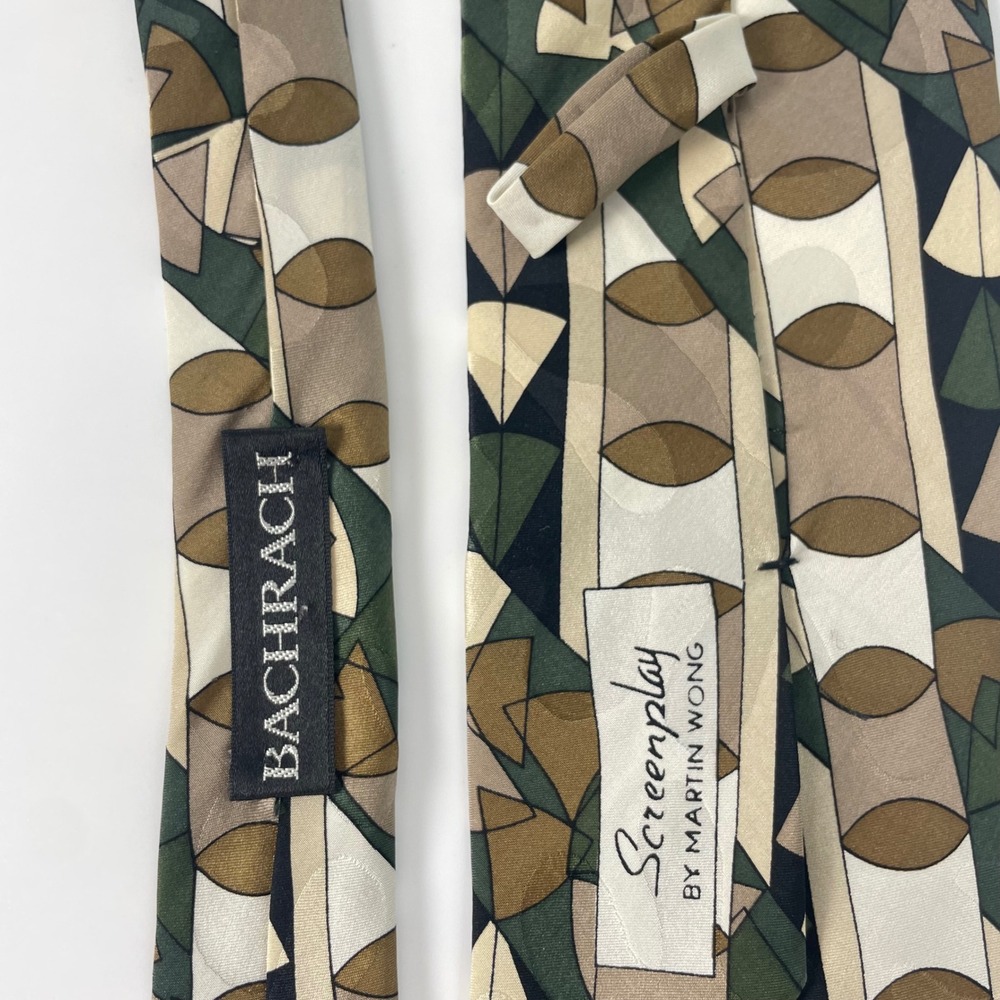 Vintage 90s Silk Tie Abstract Bachrach Screenplay by Martin Wong Geometric Olive - Picture 2 of 12